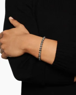 Spiritual Beads Faceted Bracelet Sterling Silver with Pavé Black Diamonds, 6mm