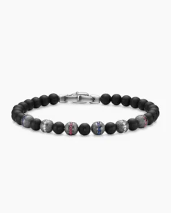 Spiritual Beads Flag Bracelet Sterling Silver with Black Onyx, Sapphires, Diamonds and Rubies, 6mm