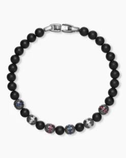 Spiritual Beads Flag Bracelet Sterling Silver with Black Onyx, Sapphires, Diamonds and Rubies, 6mm