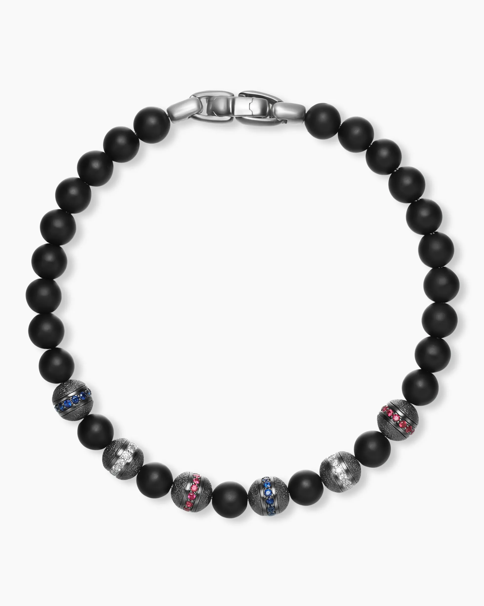Spiritual Beads Flag Bracelet Sterling Silver with Black Onyx, Sapphires, Diamonds and Rubies, 6mm