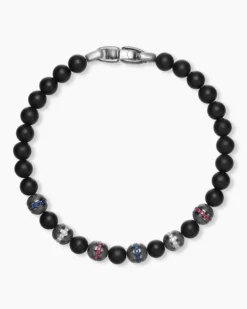 Spiritual Beads Flag Bracelet Sterling Silver with Black Onyx, Sapphires, Diamonds and Rubies, 6mm