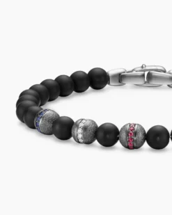 Spiritual Beads Flag Bracelet Sterling Silver with Black Onyx, Sapphires, Diamonds and Rubies, 6mm