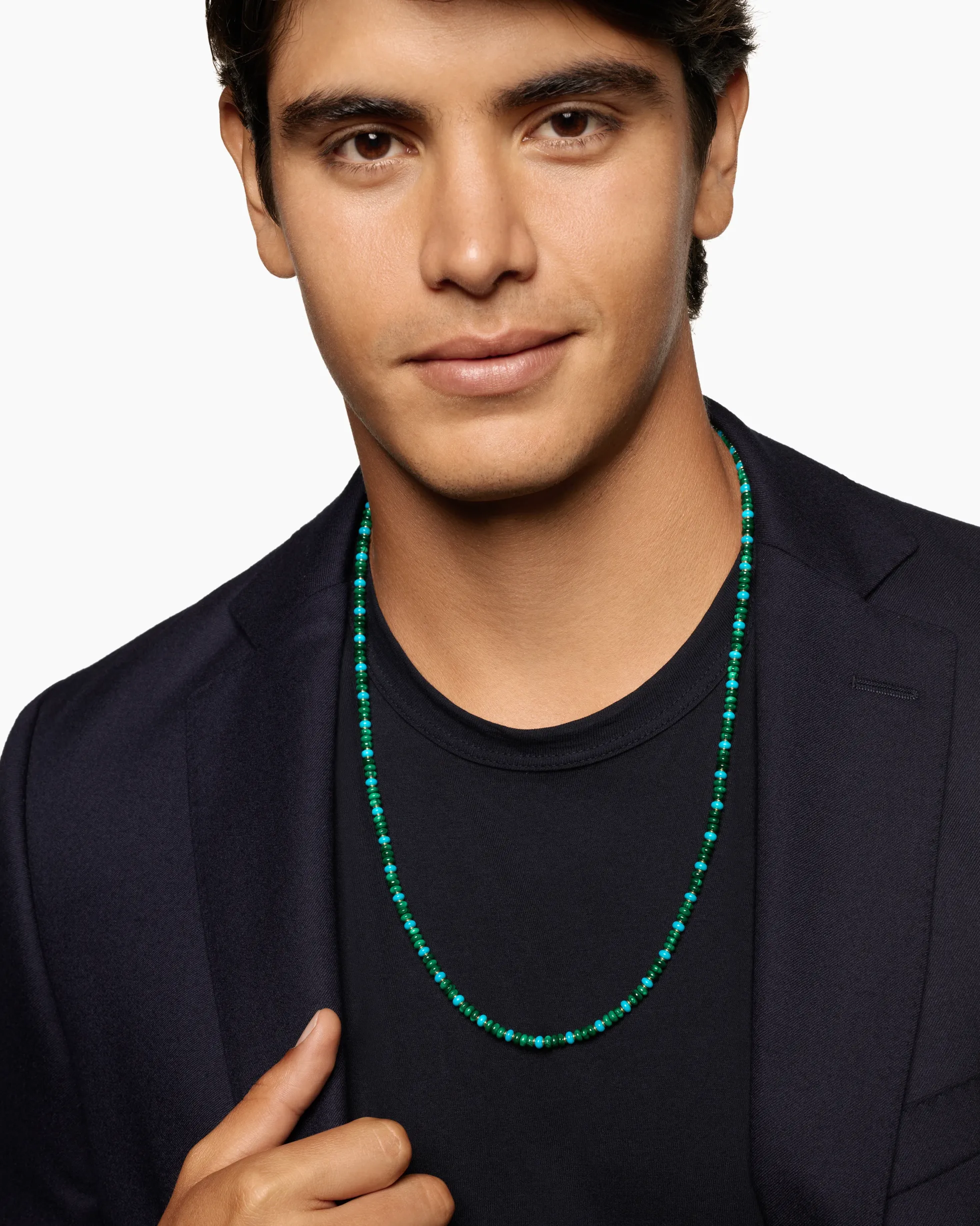 Spiritual Beads Necklace 18K Yellow Gold with Malachite and Turquoise, 4mm