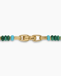 Spiritual Beads Necklace 18K Yellow Gold with Malachite and Turquoise, 4mm