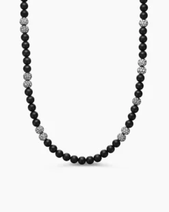 Spiritual Beads Necklace Sterling Silver with Black Onyx and Pavé Diamonds, 6mm
