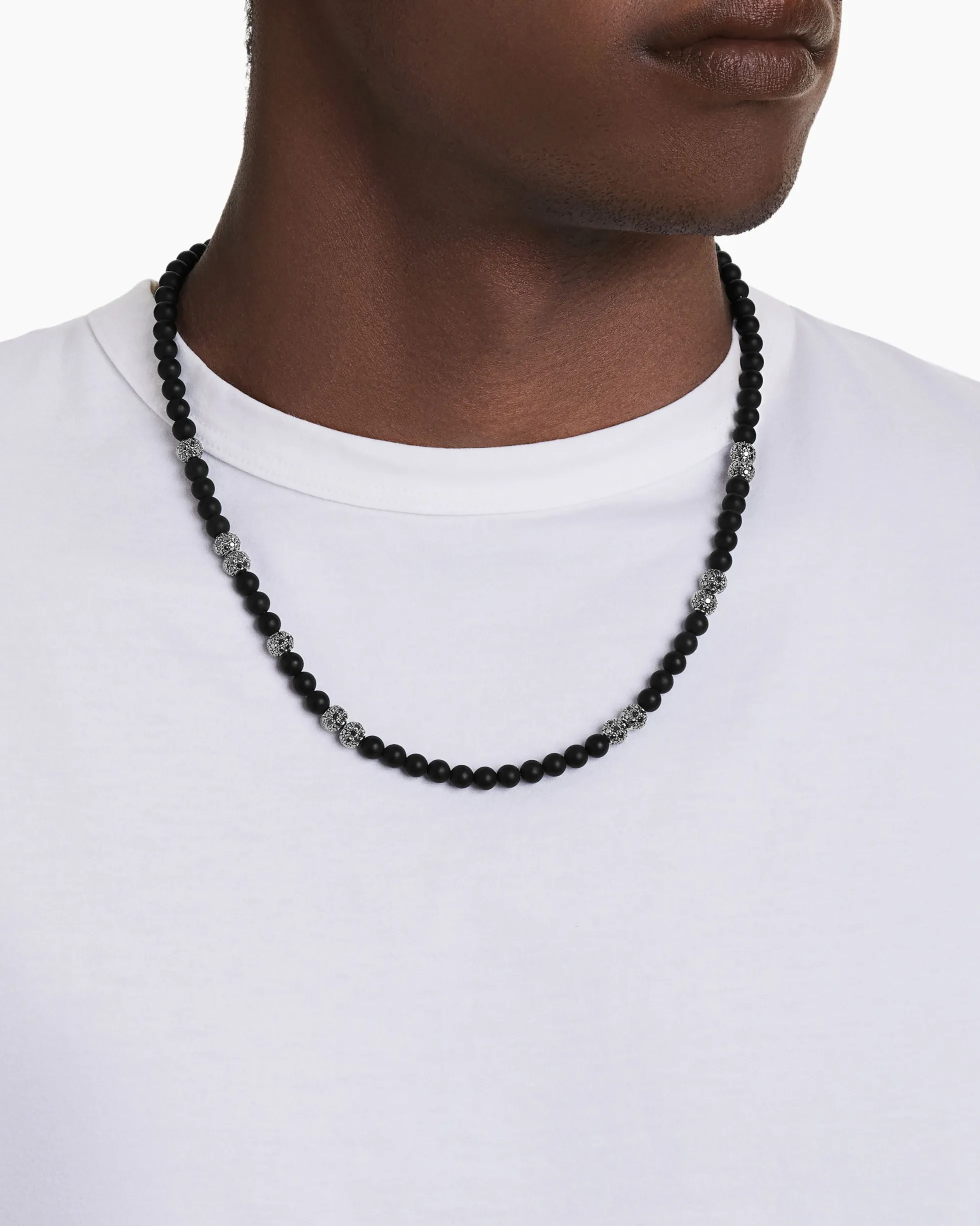 Spiritual Beads Necklace Sterling Silver with Black Onyx and Pavé Diamonds, 6mm