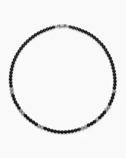 Spiritual Beads Necklace Sterling Silver with Black Onyx and Pavé Diamonds, 6mm