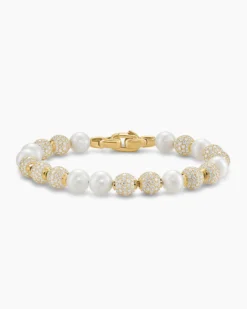Spiritual Beads Pearl and Pavé Bracelet 18K Yellow Gold with Pearls and Pavé Diamonds, 8mm