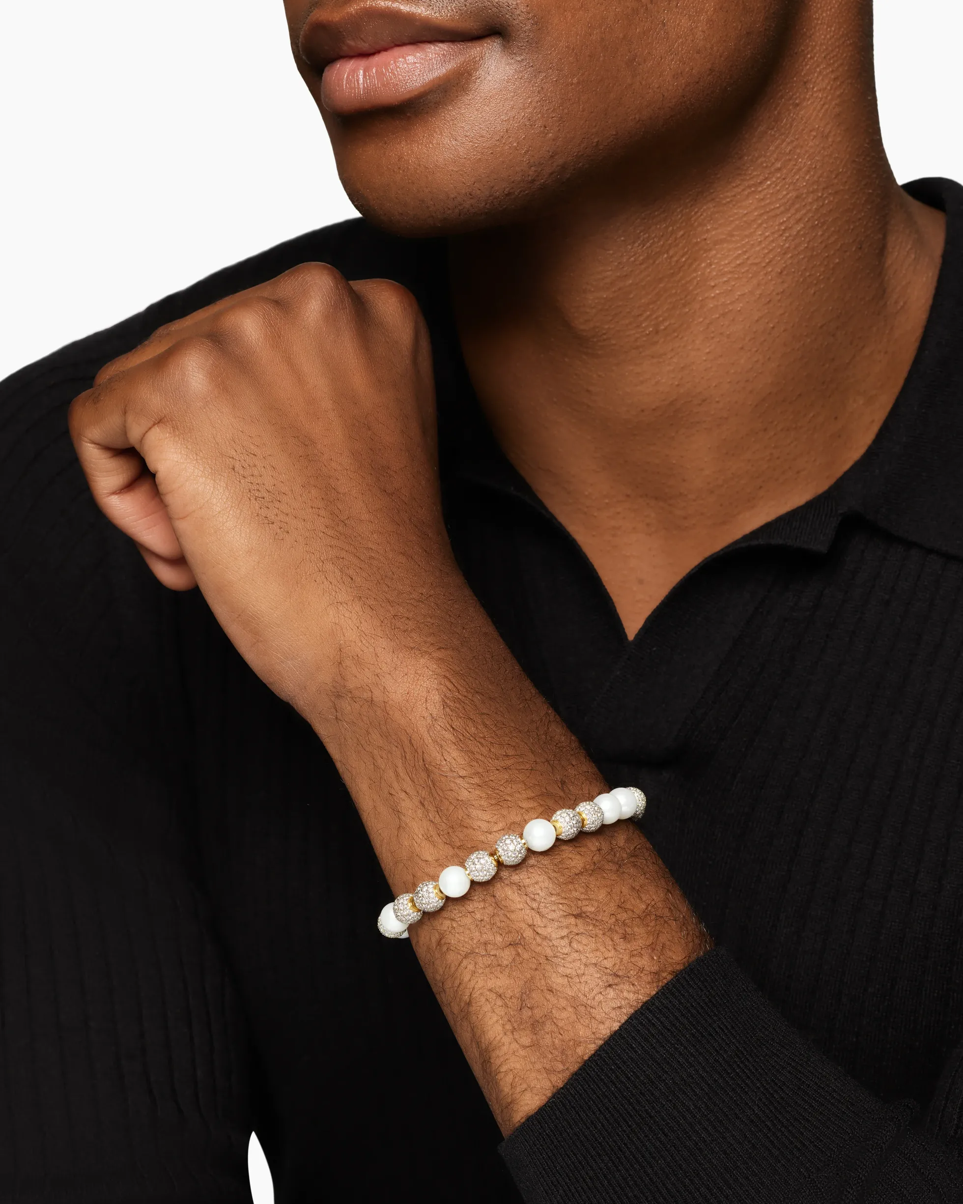Spiritual Beads Pearl and Pavé Bracelet 18K Yellow Gold with Pearls and Pavé Diamonds, 8mm