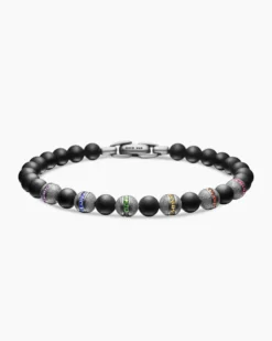 Spiritual Beads Rainbow Bracelet Sterling Silver with Black Onyx, Sapphires and Tsavorites, 6mm