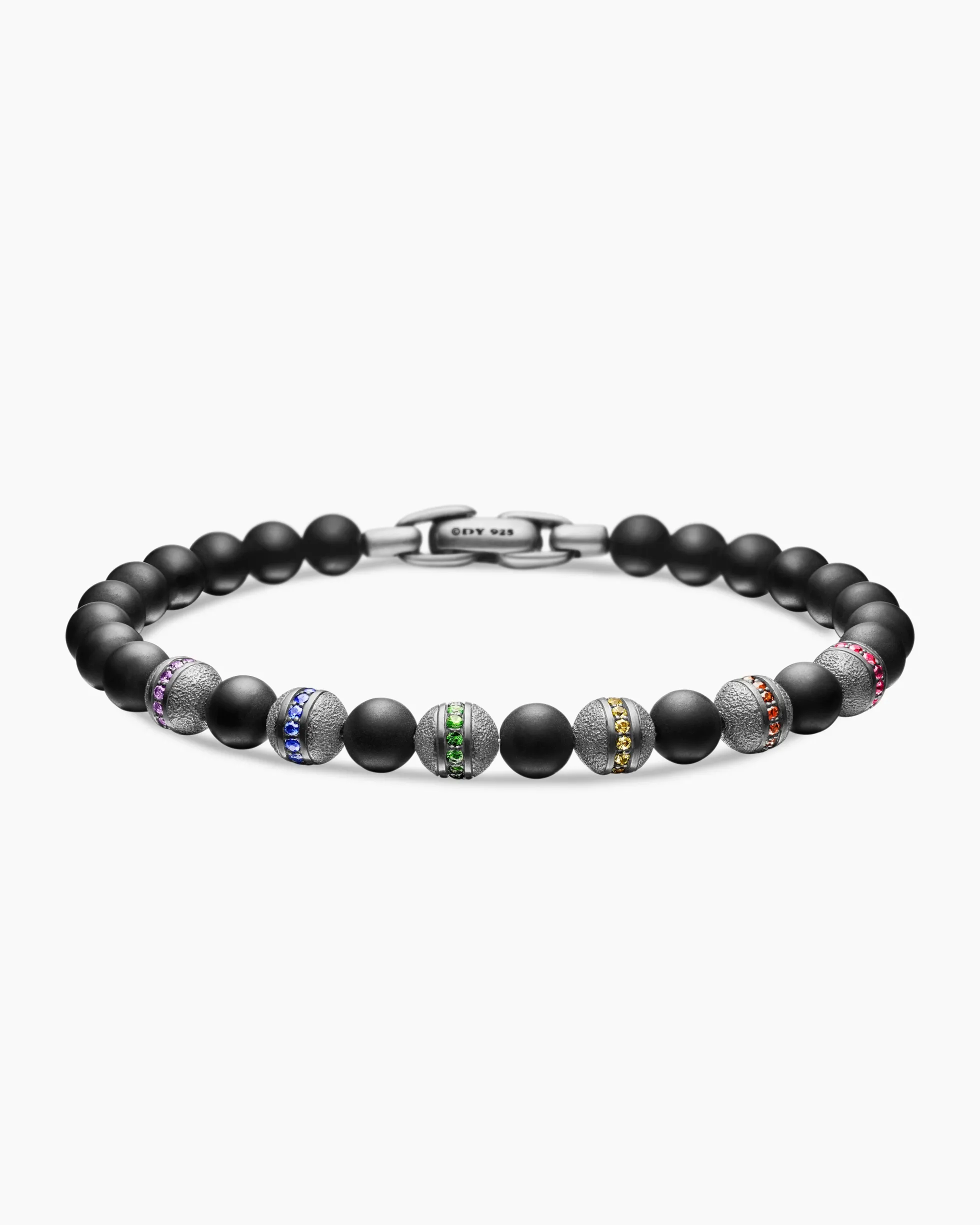 Spiritual Beads Rainbow Bracelet Sterling Silver with Black Onyx, Sapphires and Tsavorites, 6mm