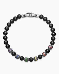 Spiritual Beads Rainbow Bracelet Sterling Silver with Black Onyx, Sapphires and Tsavorites, 6mm