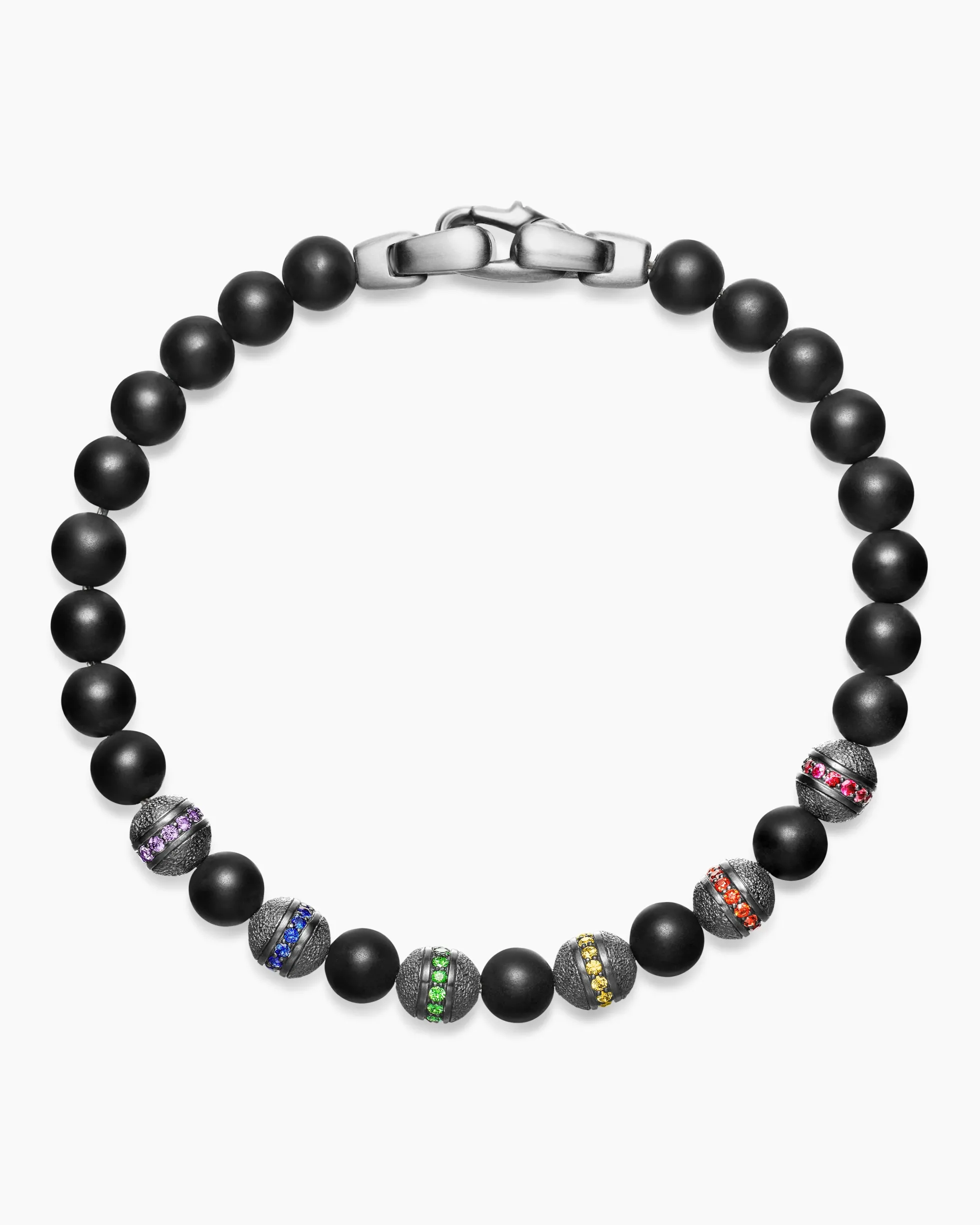 Spiritual Beads Rainbow Bracelet Sterling Silver with Black Onyx, Sapphires and Tsavorites, 6mm