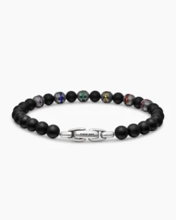 Spiritual Beads Rainbow Bracelet Sterling Silver with Black Onyx, Sapphires and Tsavorites, 6mm
