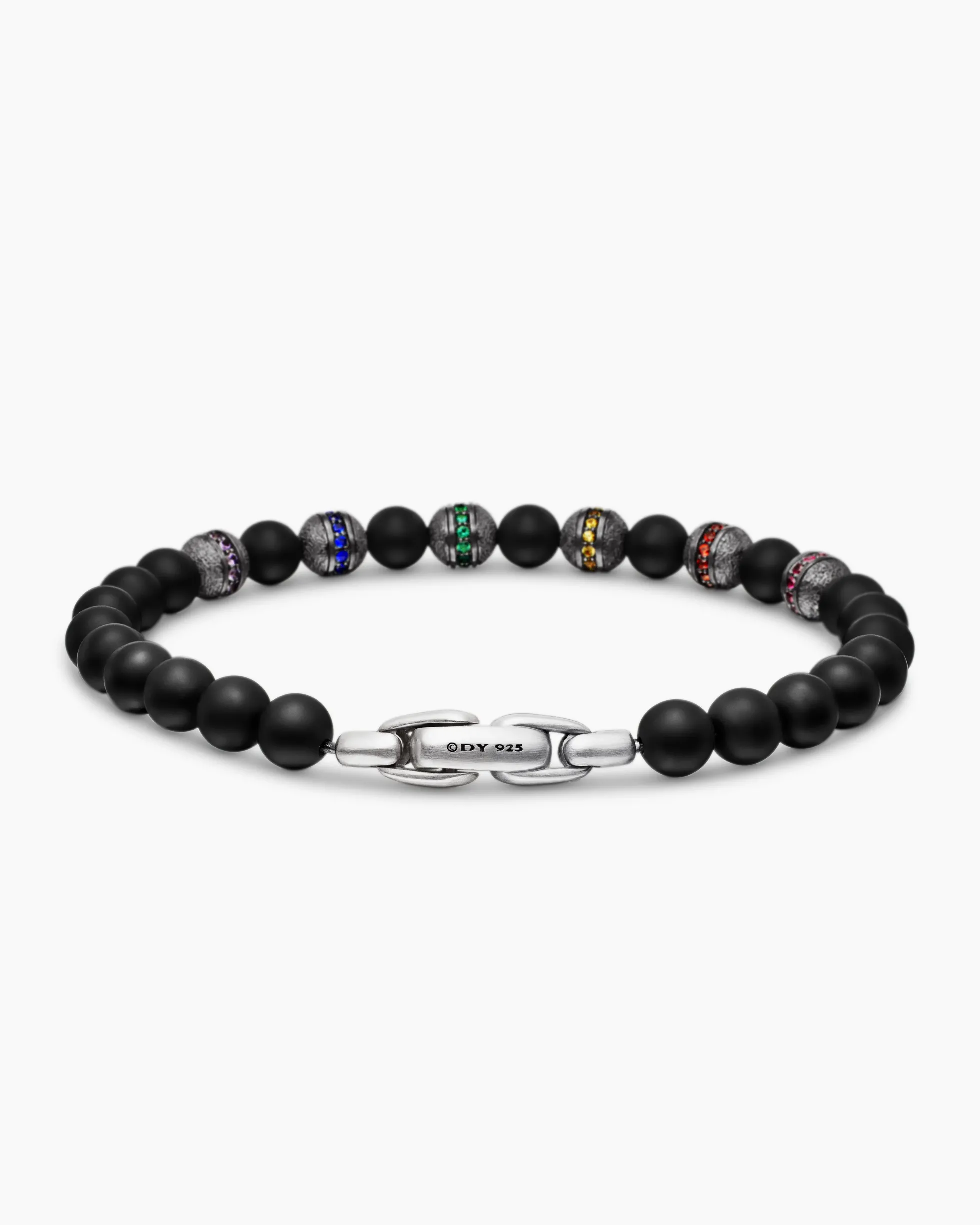 Spiritual Beads Rainbow Bracelet Sterling Silver with Black Onyx, Sapphires and Tsavorites, 6mm