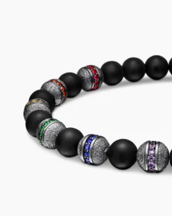 Spiritual Beads Rainbow Bracelet Sterling Silver with Black Onyx, Sapphires and Tsavorites, 6mm