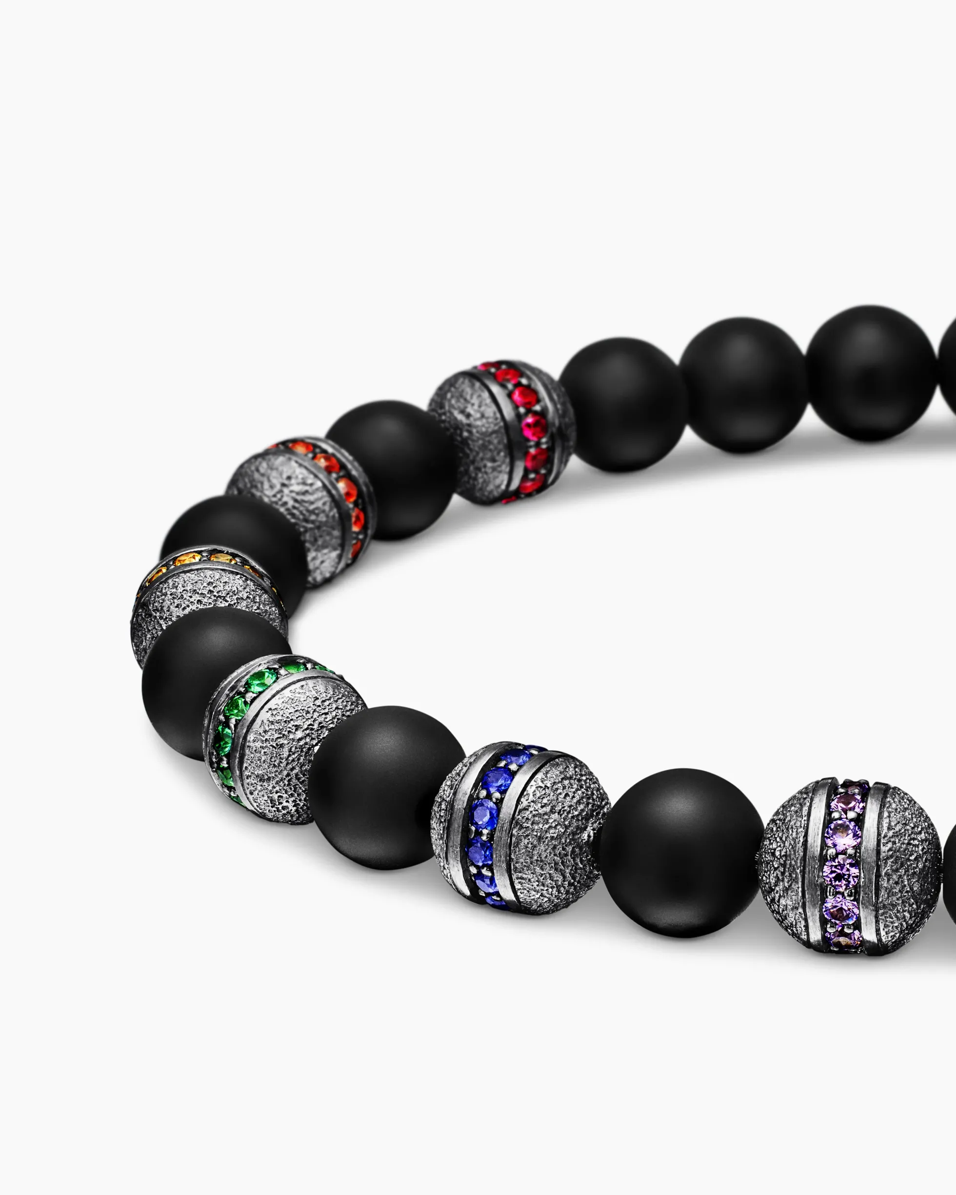Spiritual Beads Rainbow Bracelet Sterling Silver with Black Onyx, Sapphires and Tsavorites, 6mm