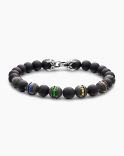 Spiritual Beads Rainbow Bracelet Sterling Silver with Black Onyx, Sapphires and Tsavorites, 8mm