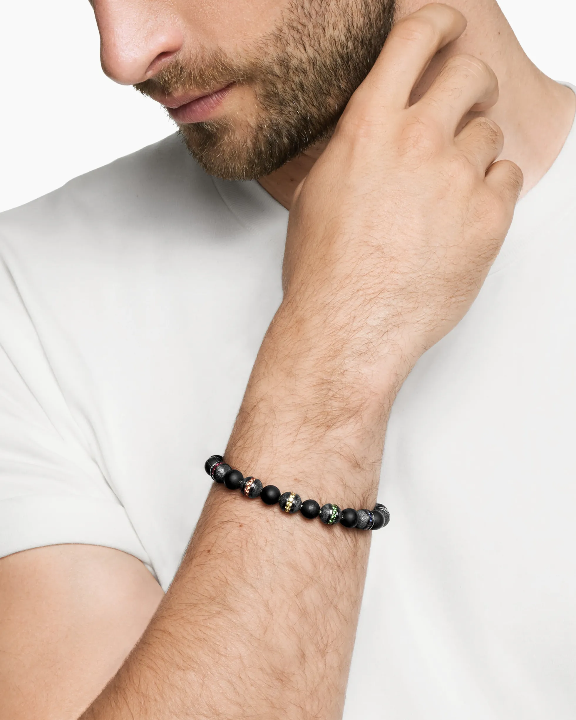 Spiritual Beads Rainbow Bracelet Sterling Silver with Black Onyx, Sapphires and Tsavorites, 8mm