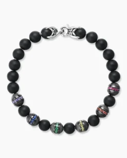 Spiritual Beads Rainbow Bracelet Sterling Silver with Black Onyx, Sapphires and Tsavorites, 8mm