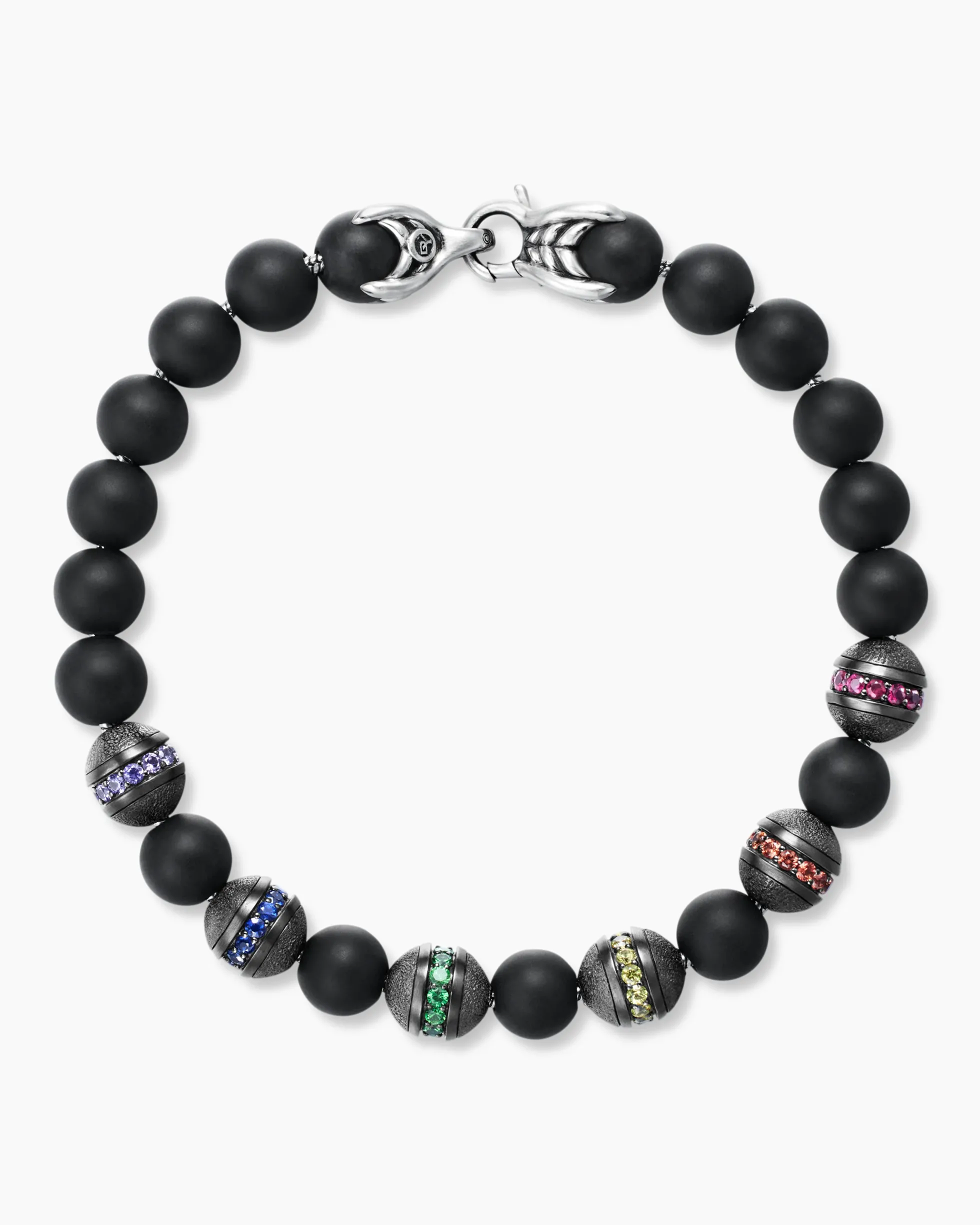 Spiritual Beads Rainbow Bracelet Sterling Silver with Black Onyx, Sapphires and Tsavorites, 8mm