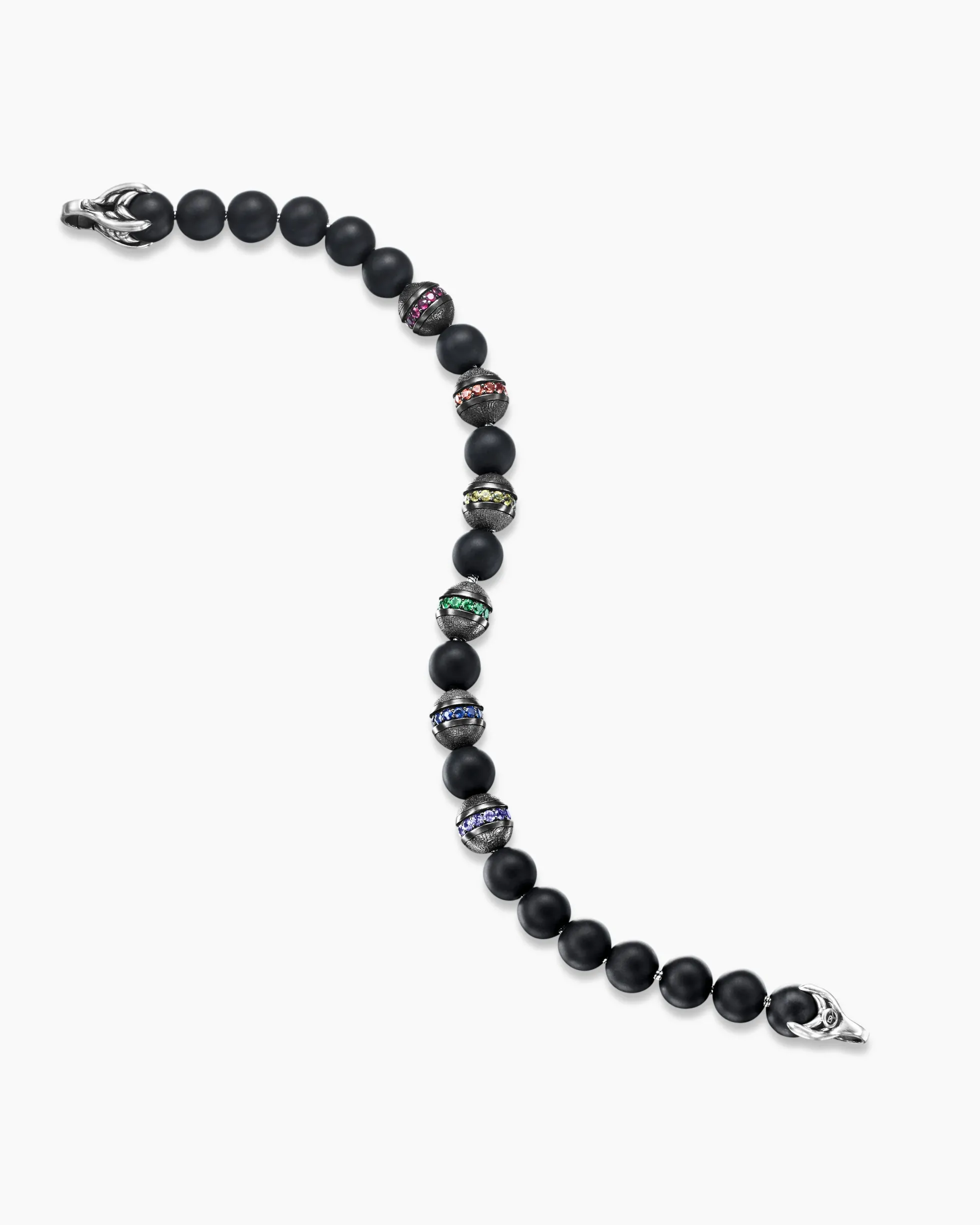 Spiritual Beads Rainbow Bracelet Sterling Silver with Black Onyx, Sapphires and Tsavorites, 8mm