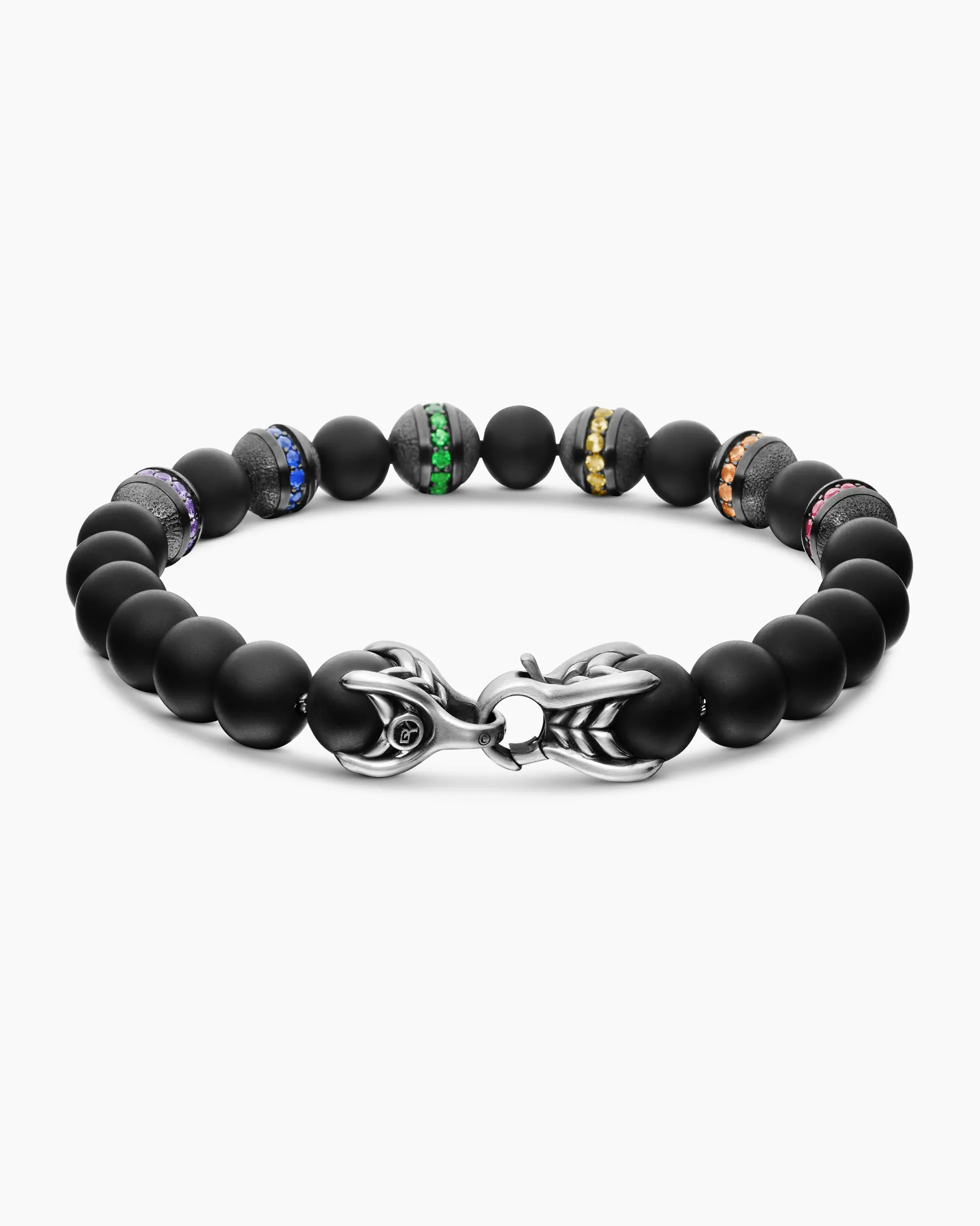 Spiritual Beads Rainbow Bracelet Sterling Silver with Black Onyx, Sapphires and Tsavorites, 8mm