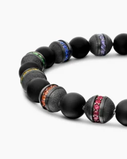 Spiritual Beads Rainbow Bracelet Sterling Silver with Black Onyx, Sapphires and Tsavorites, 8mm
