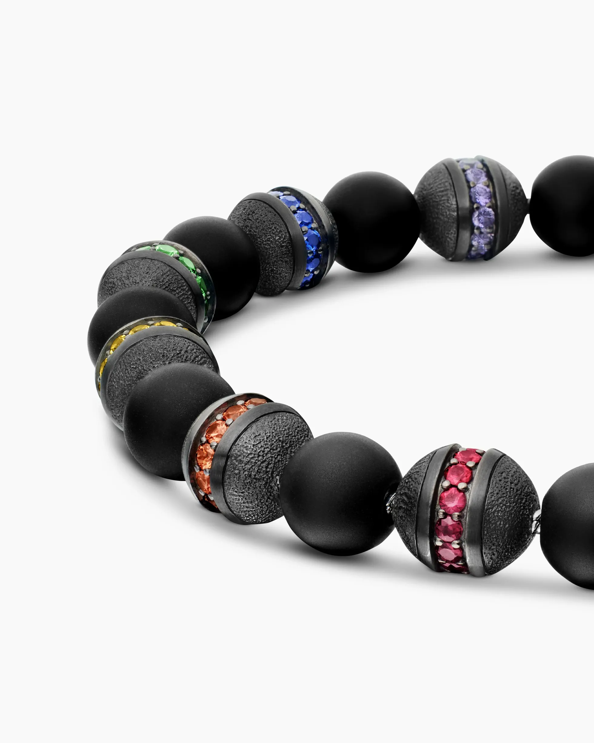 Spiritual Beads Rainbow Bracelet Sterling Silver with Black Onyx, Sapphires and Tsavorites, 8mm