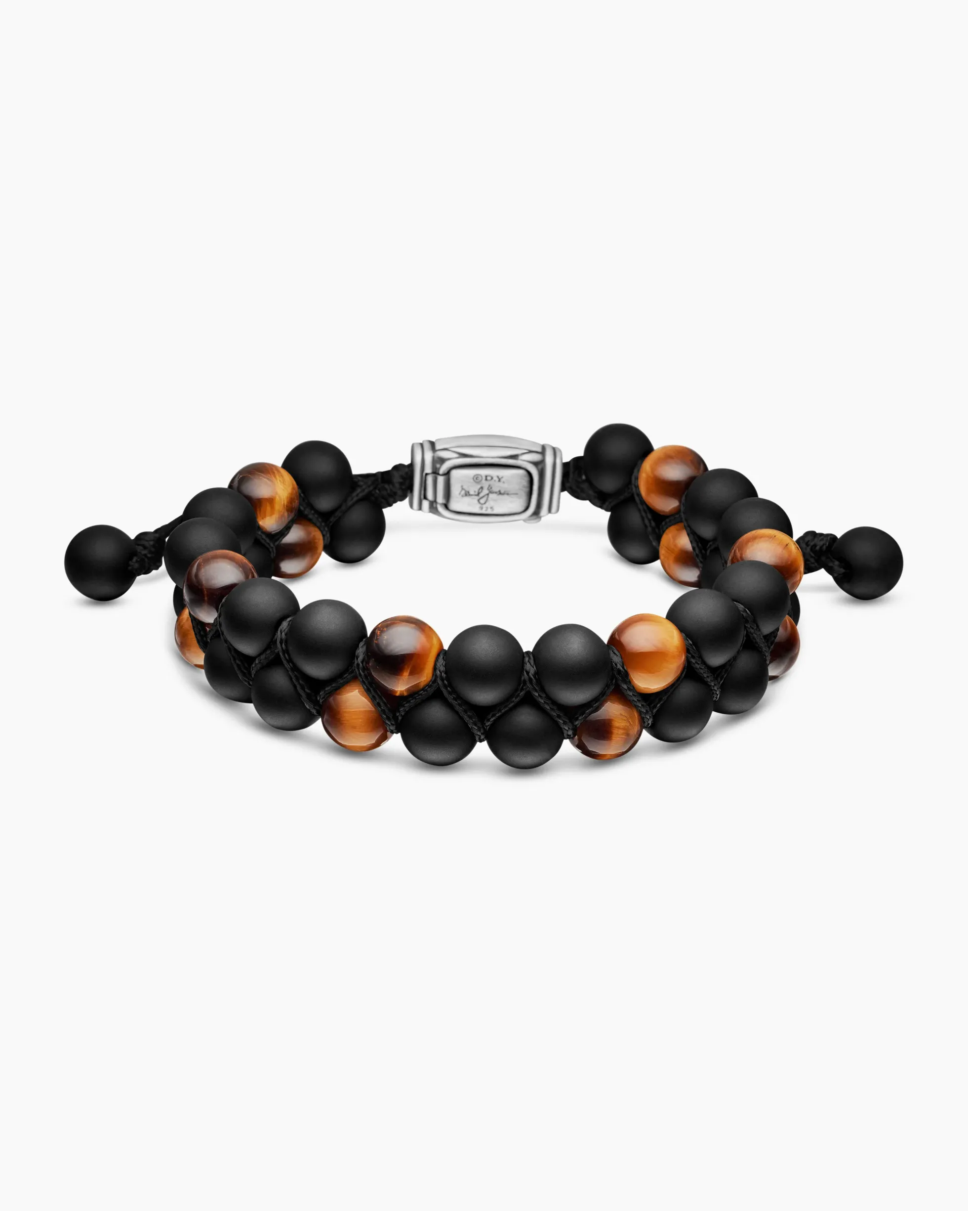 Spiritual Beads Two Row Woven Bracelet Black Onyx, Tiger’s Eye, Black Nylon and Sterling Silver, 8mm