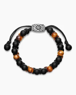 Spiritual Beads Two Row Woven Bracelet Black Onyx, Tiger’s Eye, Black Nylon and Sterling Silver, 8mm