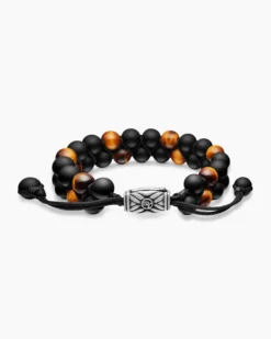 Spiritual Beads Two Row Woven Bracelet Black Onyx, Tiger’s Eye, Black Nylon and Sterling Silver, 8mm