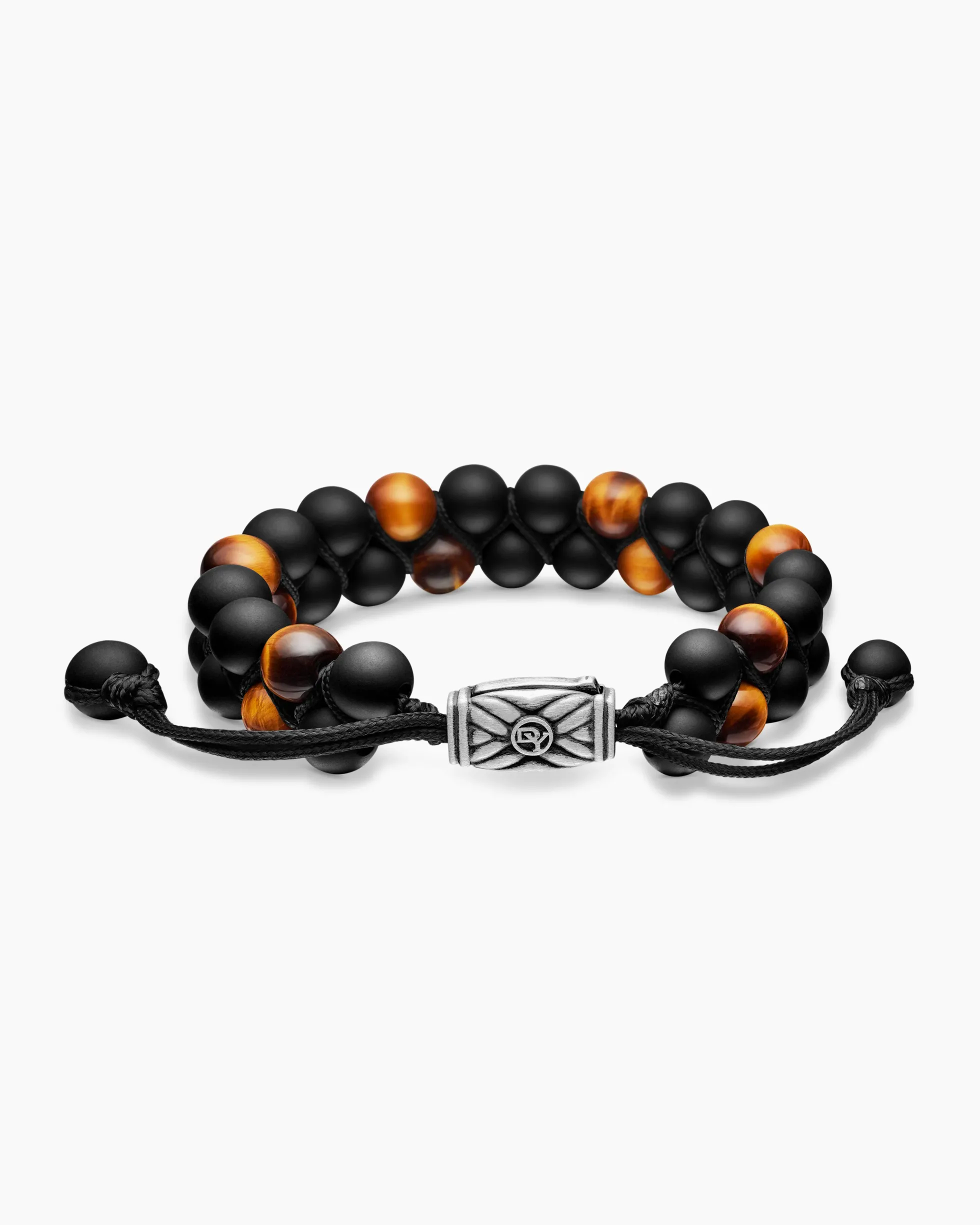 Spiritual Beads Two Row Woven Bracelet Black Onyx, Tiger’s Eye, Black Nylon and Sterling Silver, 8mm