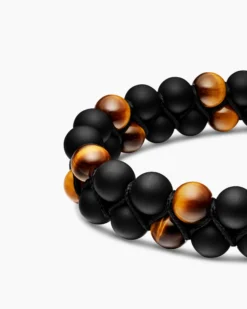 Spiritual Beads Two Row Woven Bracelet Black Onyx, Tiger’s Eye, Black Nylon and Sterling Silver, 8mm