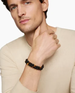 Spiritual Beads Two Row Woven Bracelet Black Onyx, Tiger’s Eye, Black Nylon and Sterling Silver, 8mm