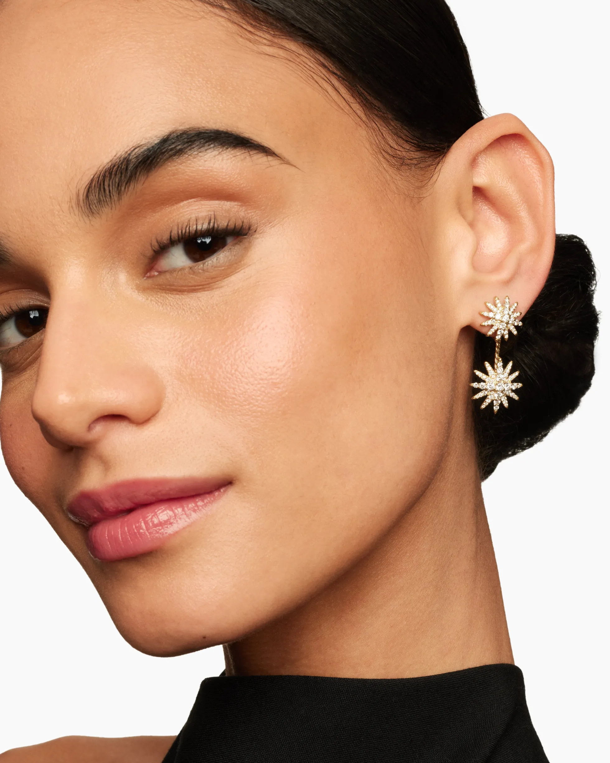 Starburst Double Drop Earrings 18K Yellow Gold with Diamonds, 32.5mm