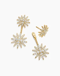 Starburst Double Drop Earrings 18K Yellow Gold with Diamonds, 32.5mm