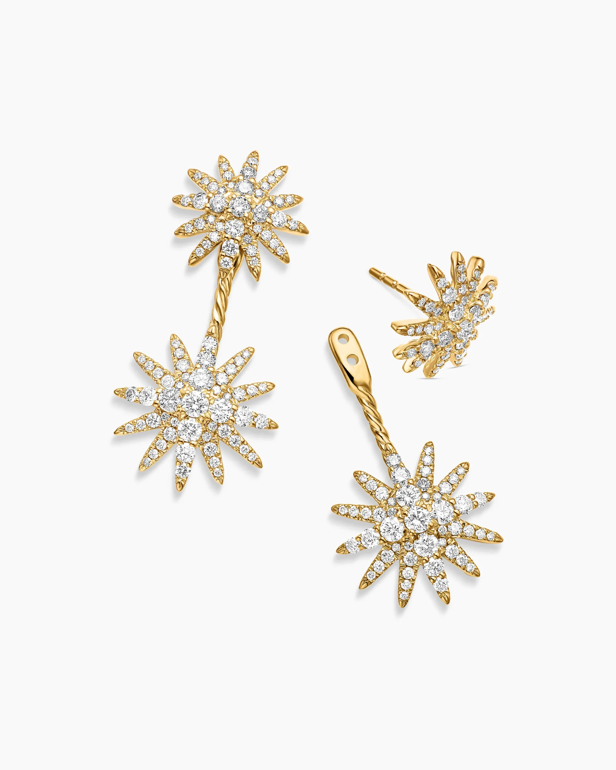 Starburst Double Drop Earrings 18K Yellow Gold with Diamonds, 32.5mm