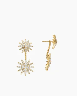 Starburst Double Drop Earrings 18K Yellow Gold with Diamonds, 32.5mm