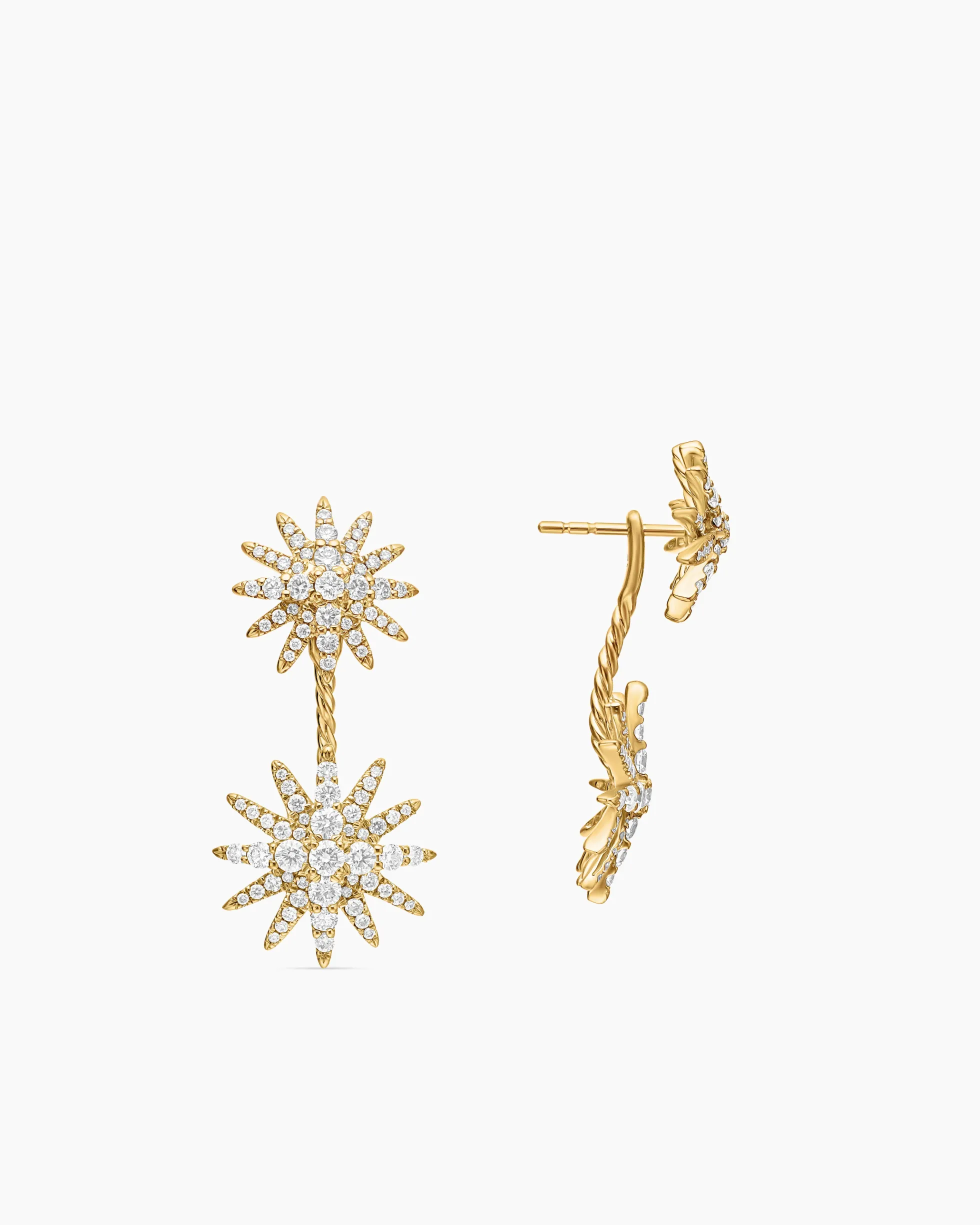 Starburst Double Drop Earrings 18K Yellow Gold with Diamonds, 32.5mm