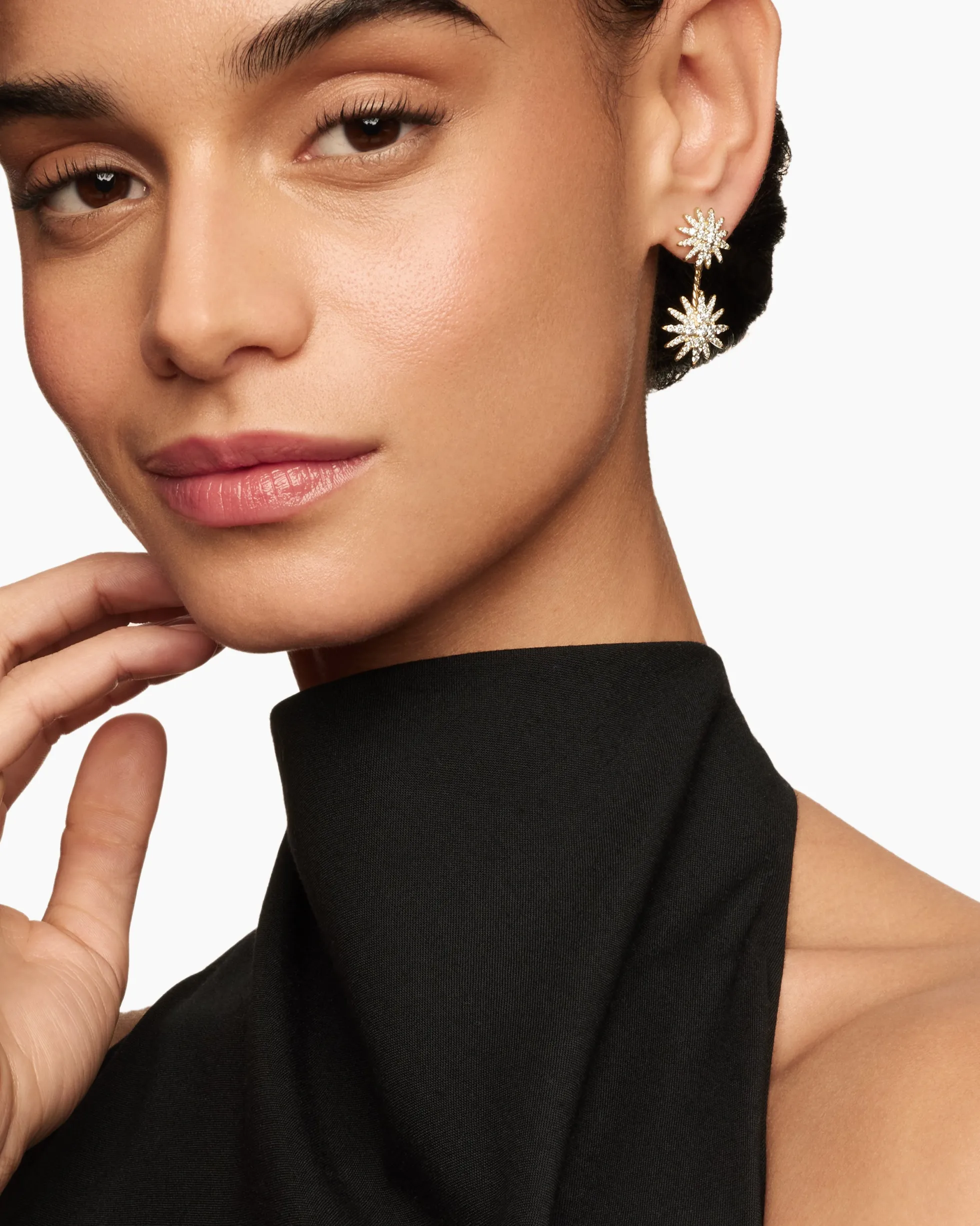 Starburst Double Drop Earrings 18K Yellow Gold with Diamonds, 32.5mm