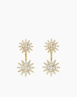 Starburst Double Drop Earrings 18K Yellow Gold with Diamonds, 32.5mm