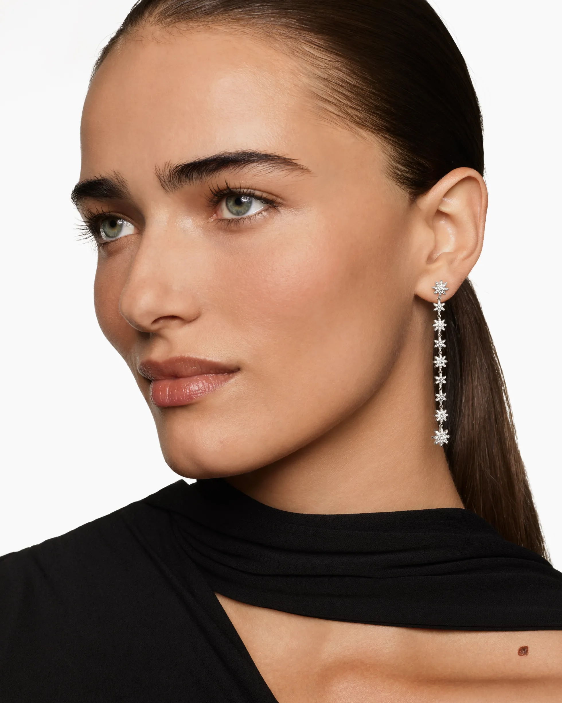 Starburst Drop Earrings 18K White Gold with Diamonds, 70.9mm