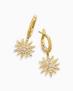 Starburst Drop Earrings 18K Yellow Gold with Diamonds, 25mm