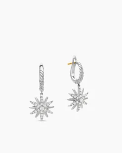 Starburst Drop Earrings Sterling Silver with Diamonds, 25mm