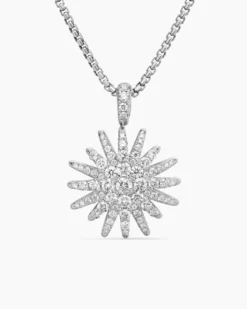 Starburst Pendant Necklace 18K White Gold with Diamonds, 20mm