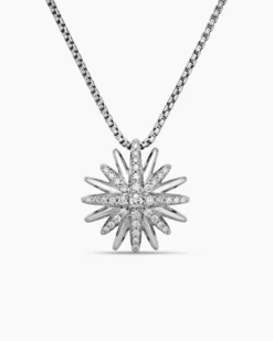 Starburst Pendant Necklace Sterling Silver with Diamonds, 19mm
