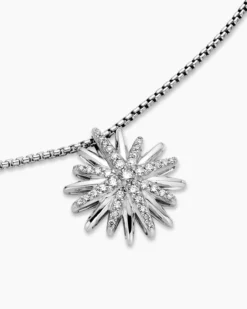 Starburst Pendant Necklace Sterling Silver with Diamonds, 19mm