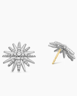 Starburst Stud Earrings Sterling Silver with Diamonds, 19mm