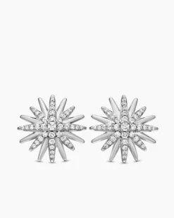Starburst Stud Earrings Sterling Silver with Diamonds, 19mm